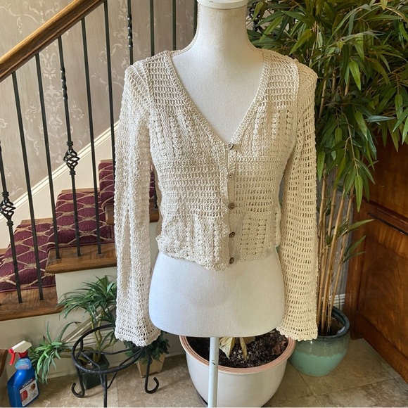 Rebellion Again Vintage Crochet Knit Boho Button-Front Cardigan Size S Cropped - Picture 4 of 15